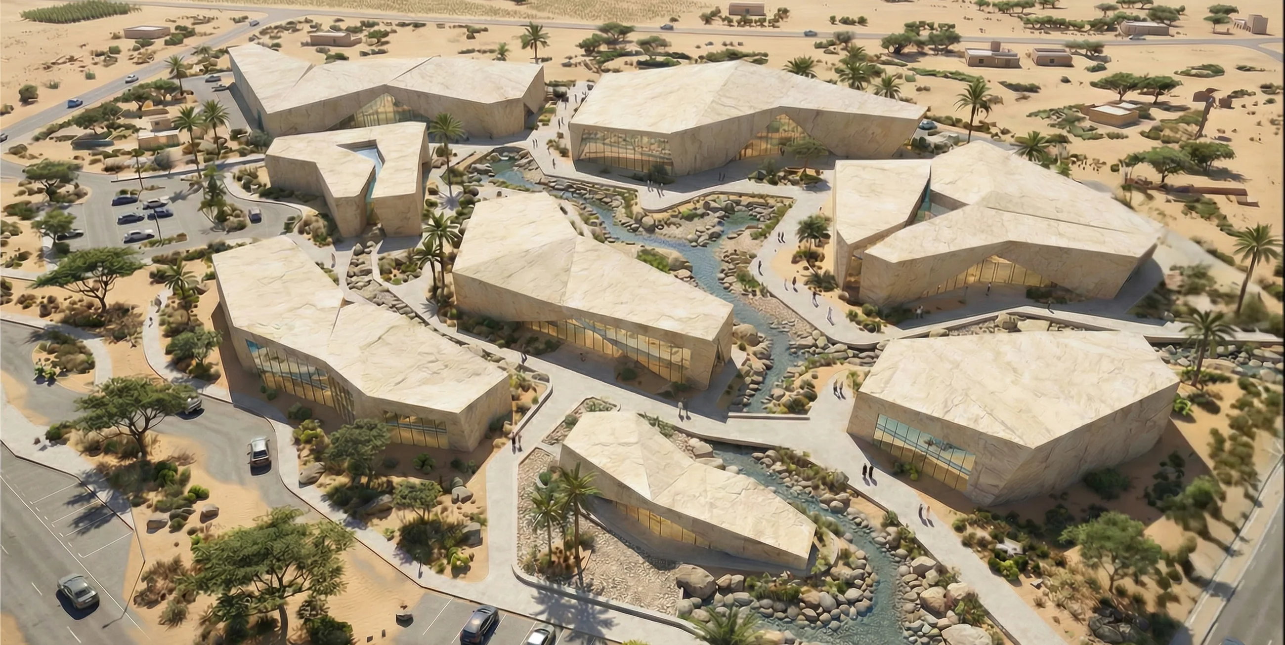 Aerial view of the park buildings among the dunes
