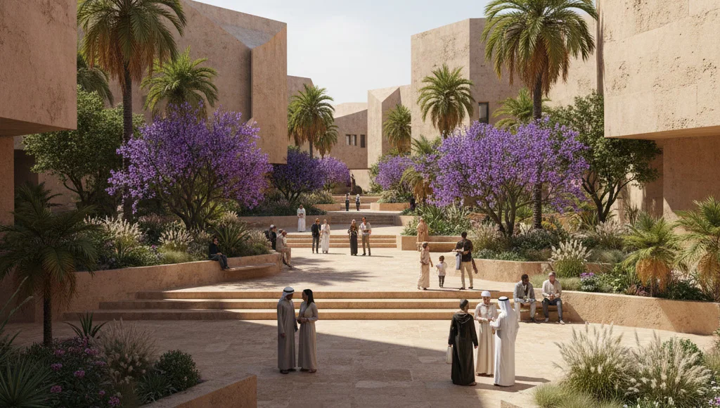 The planted court in bloom