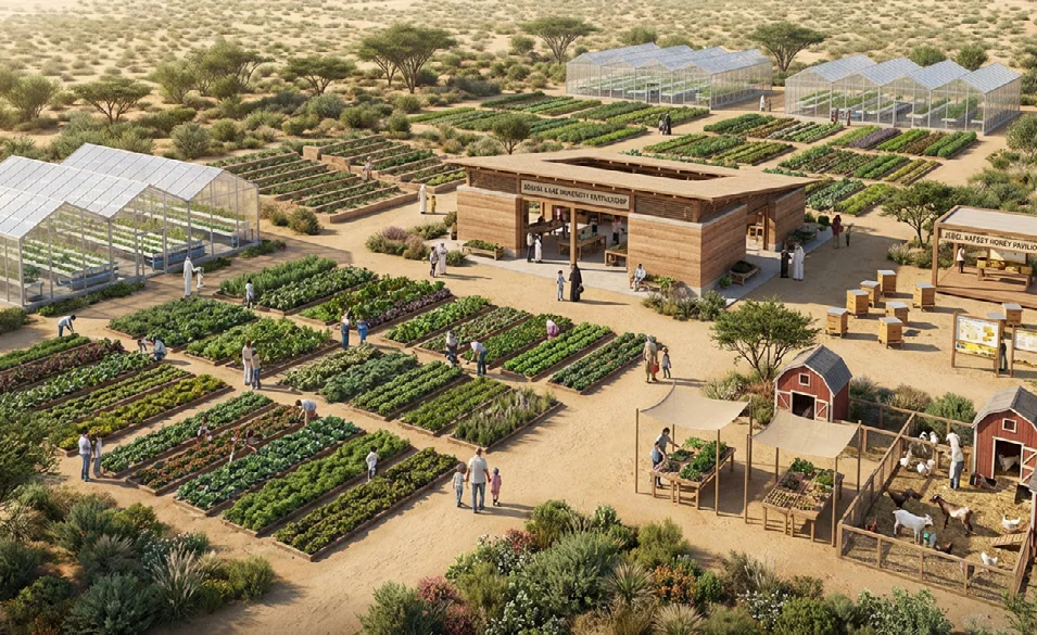 The working farm plots and market shed
