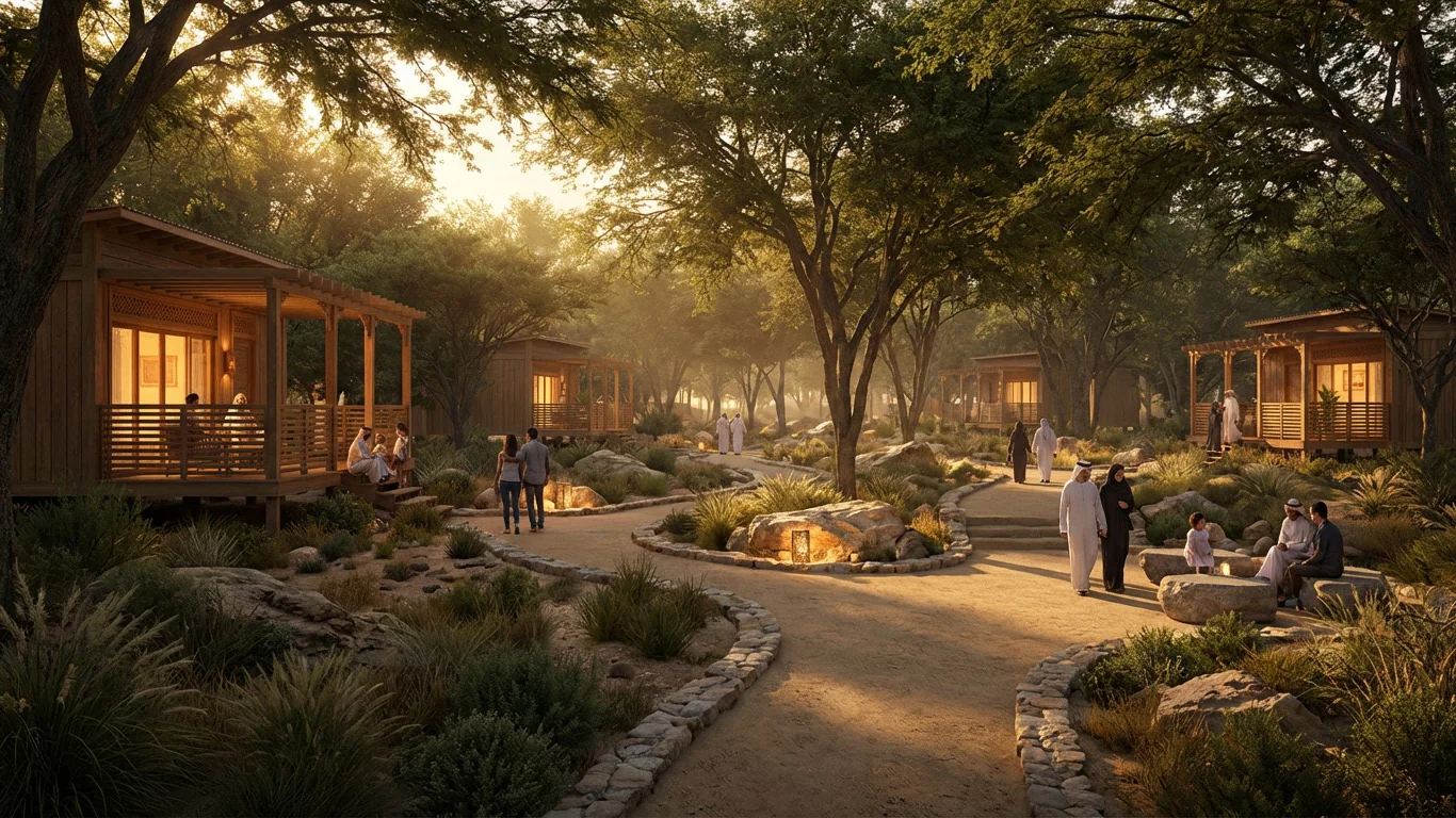 Timber pavilions in the wadi planting