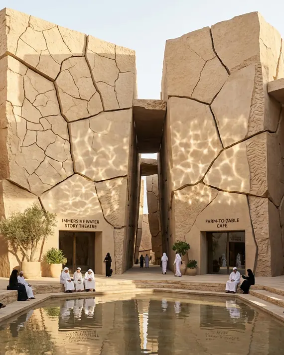 Rock-cut courtyard with reflecting pool