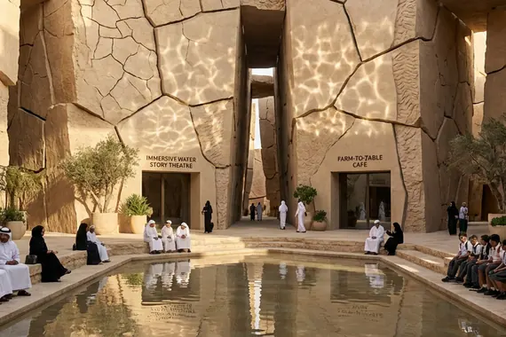 Shaded courtyard pool between carved walls