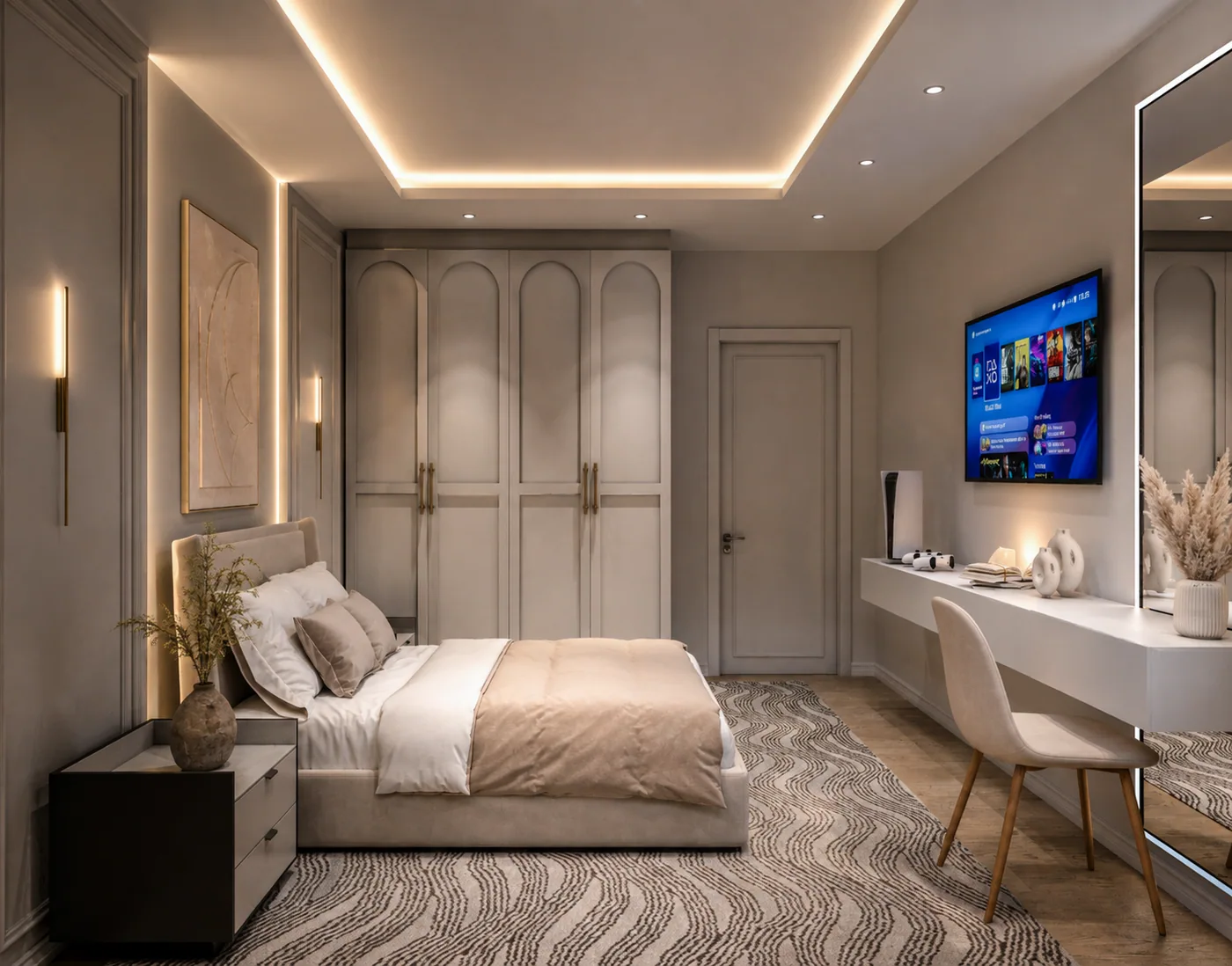 A bedroom with desk