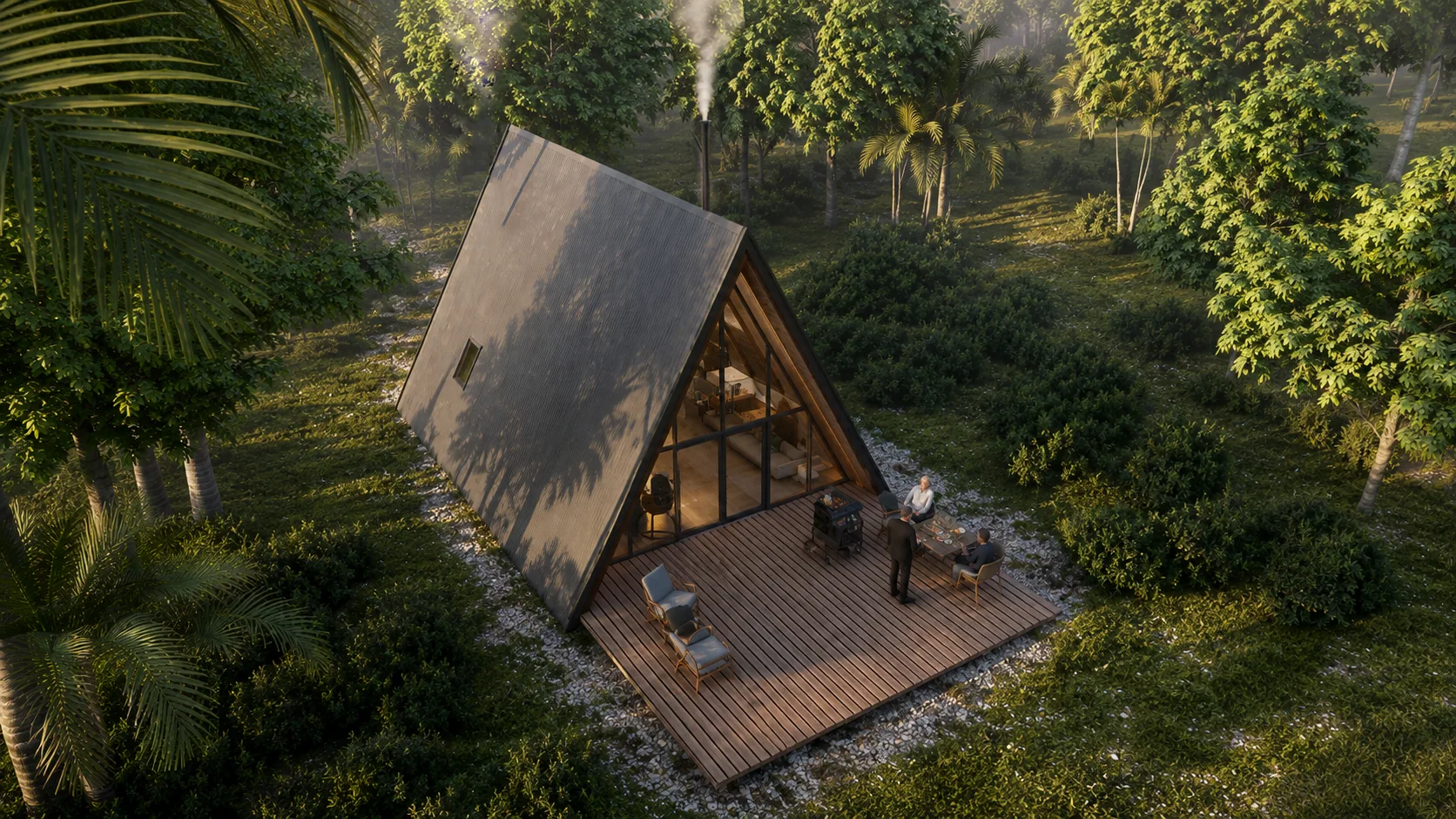 Aerial view of the cabin in the clearing