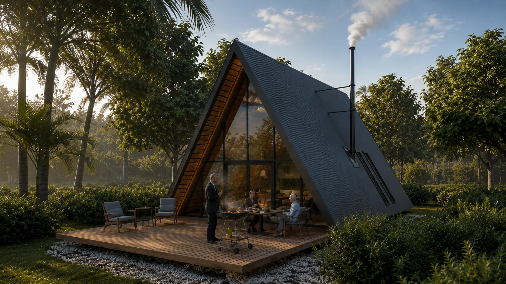 The cabin at dusk
