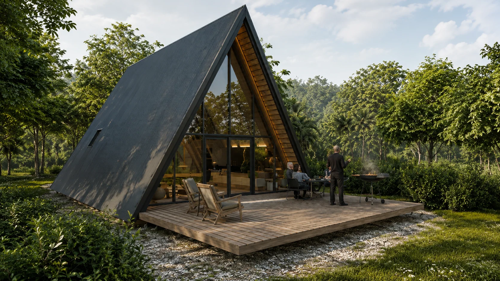 The A-frame cabin among the trees