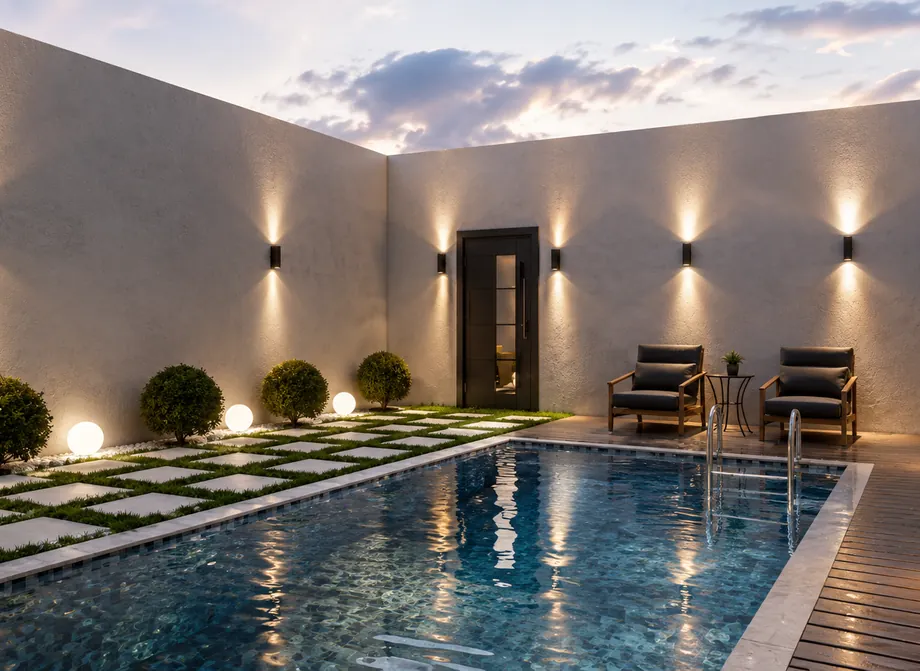 Pool courtyard at night