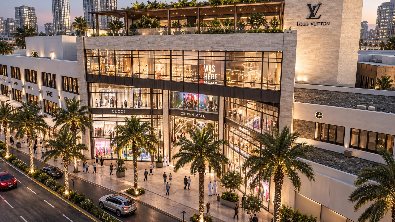 The retail frontage along the street
