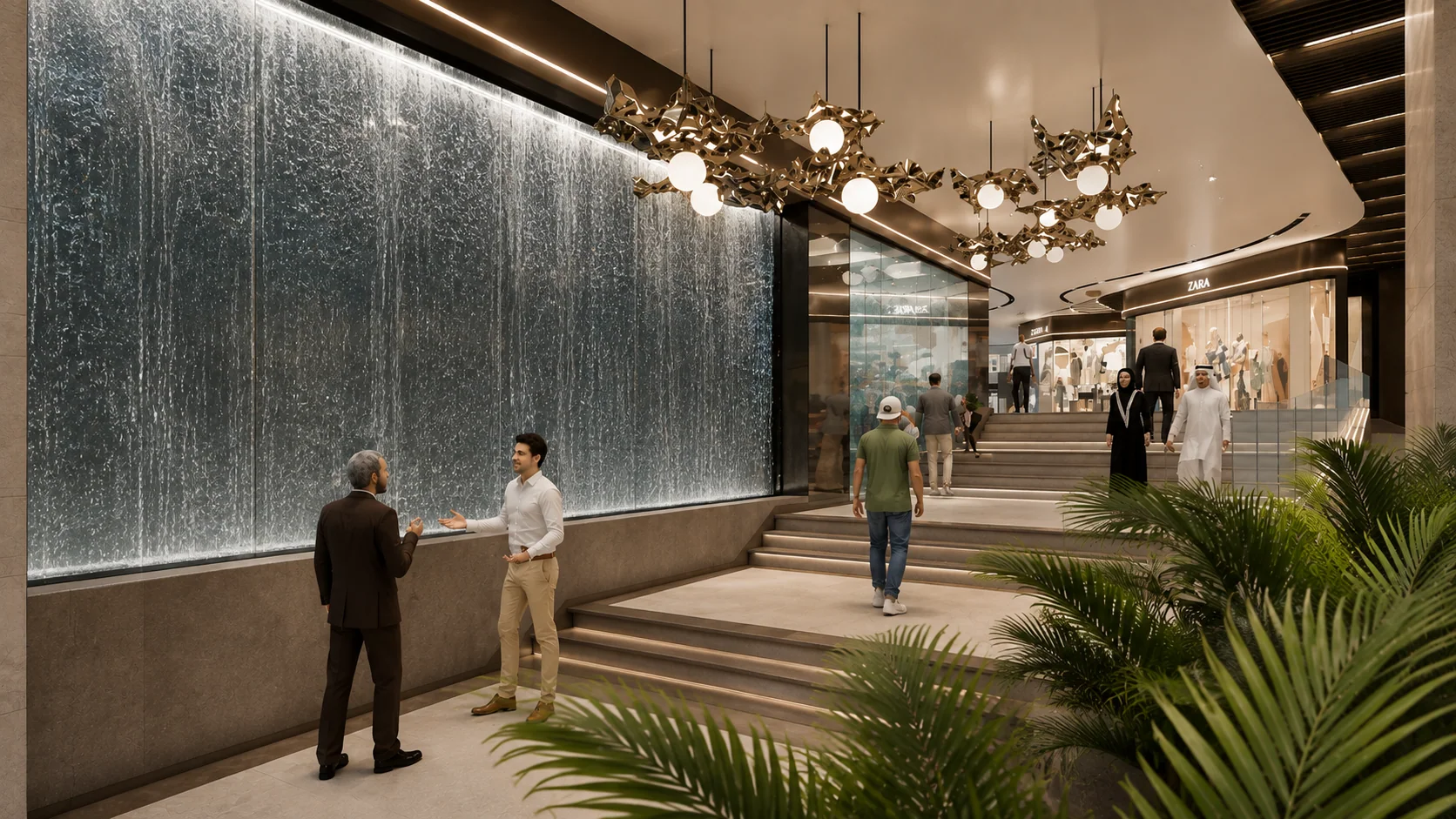 The water wall beside the stair