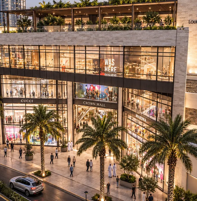 Street level frontage with retail signage