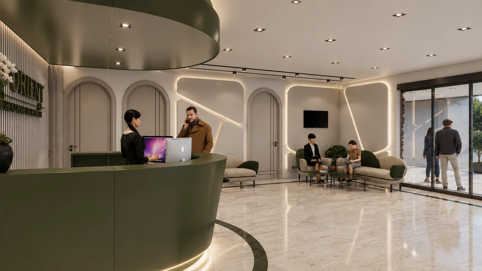The front desk and seating