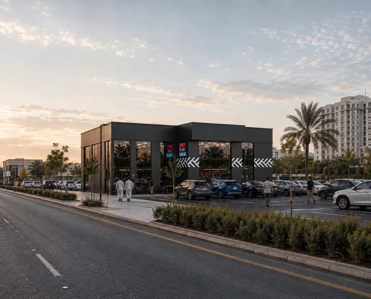 The building from the road at dusk