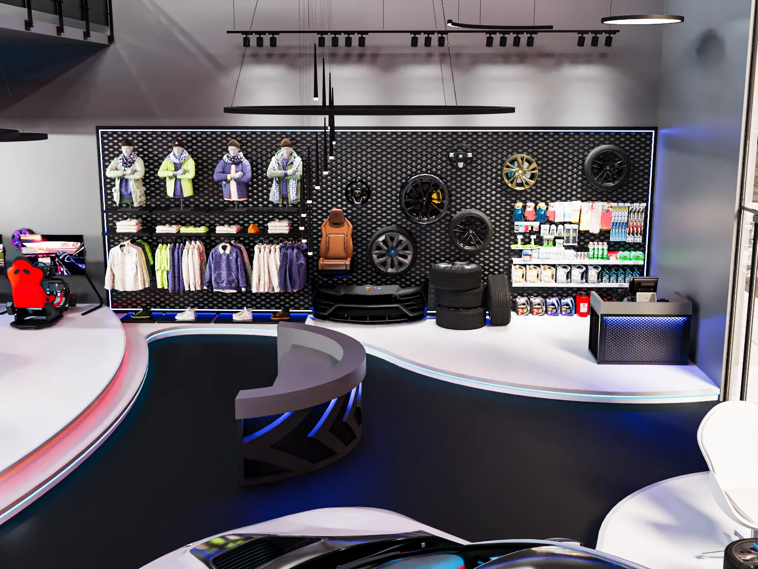 The retail counter and merchandise wall