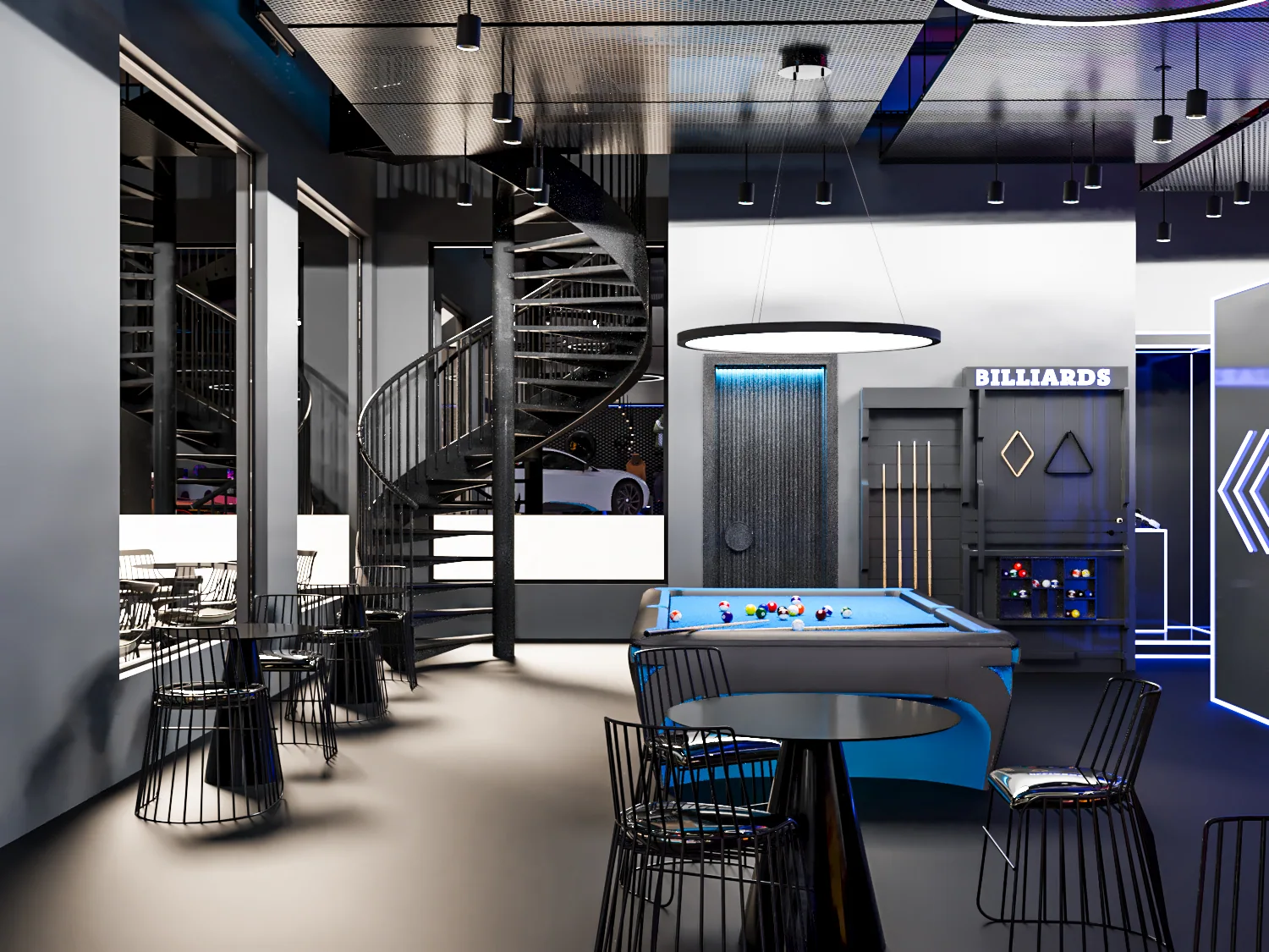 The spiral stair and games floor