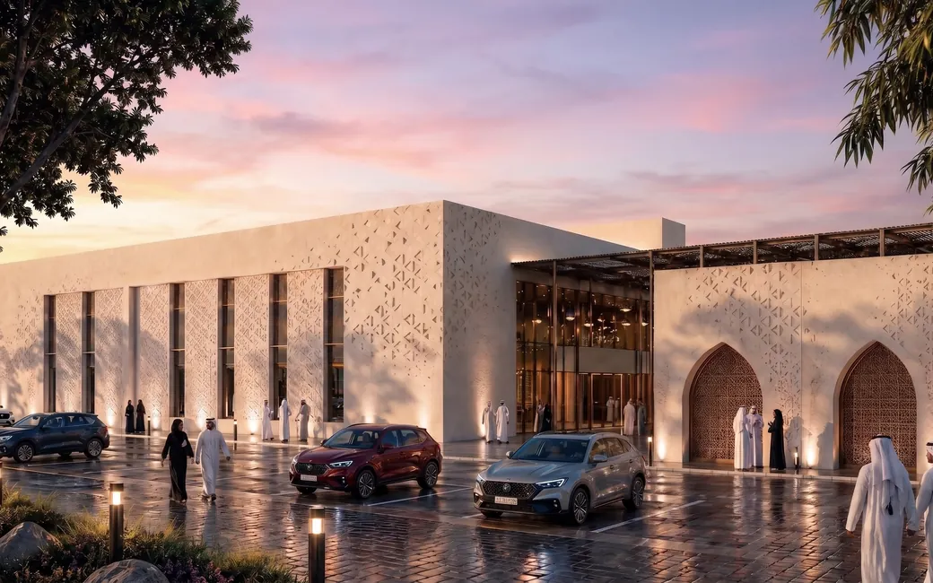 Main road entrance at sunset