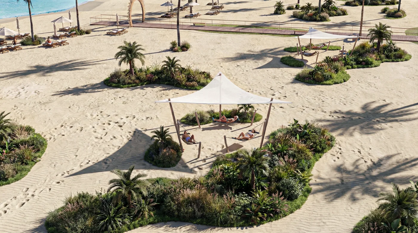 Shaded cabanas among the planted dunes