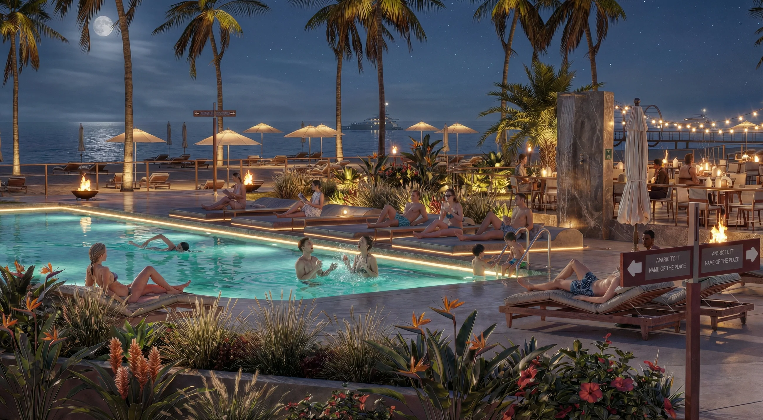 Closing night view of the beach club and pools
