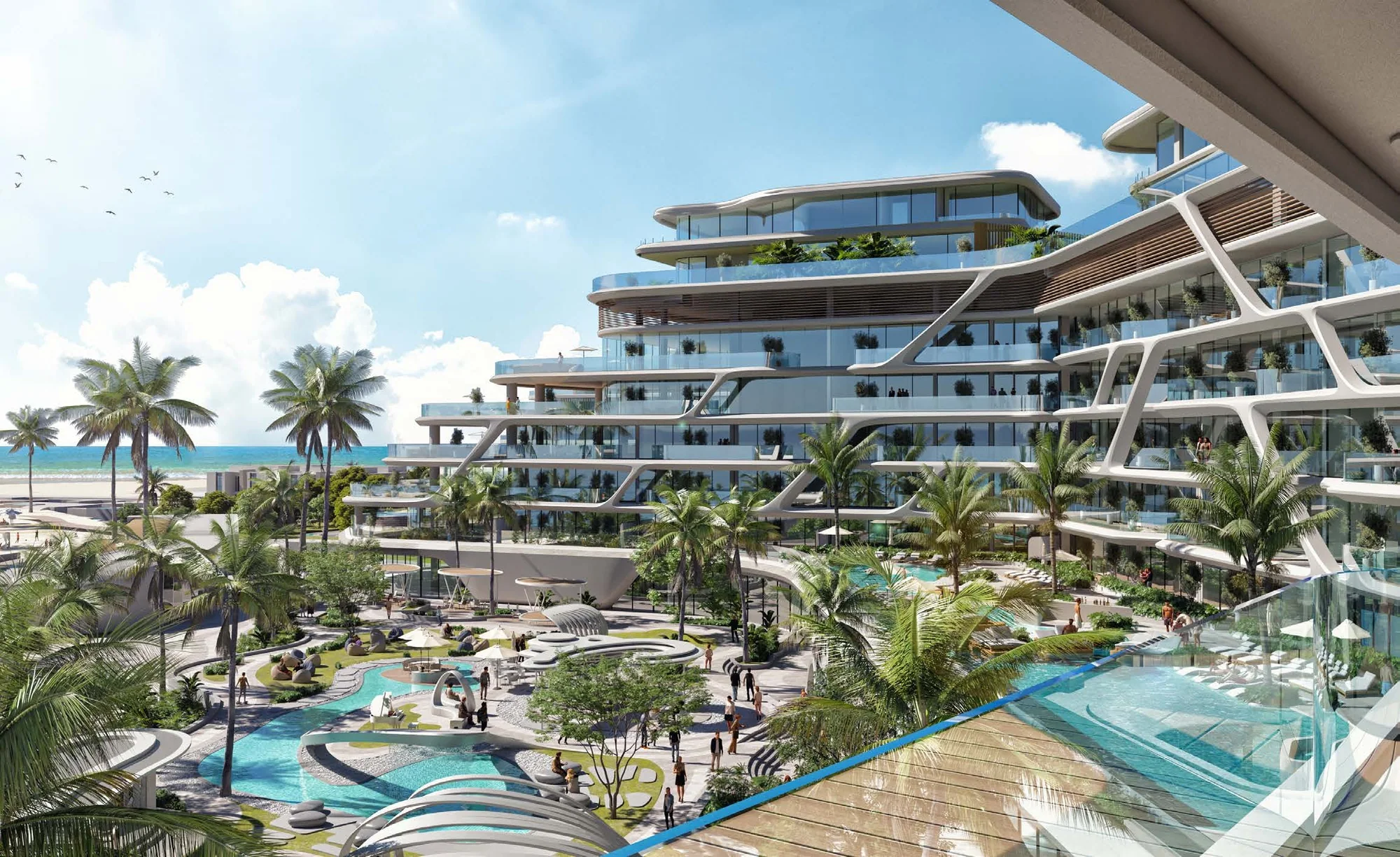 Close view of the white exoskeleton facade and stepped glazed terraces