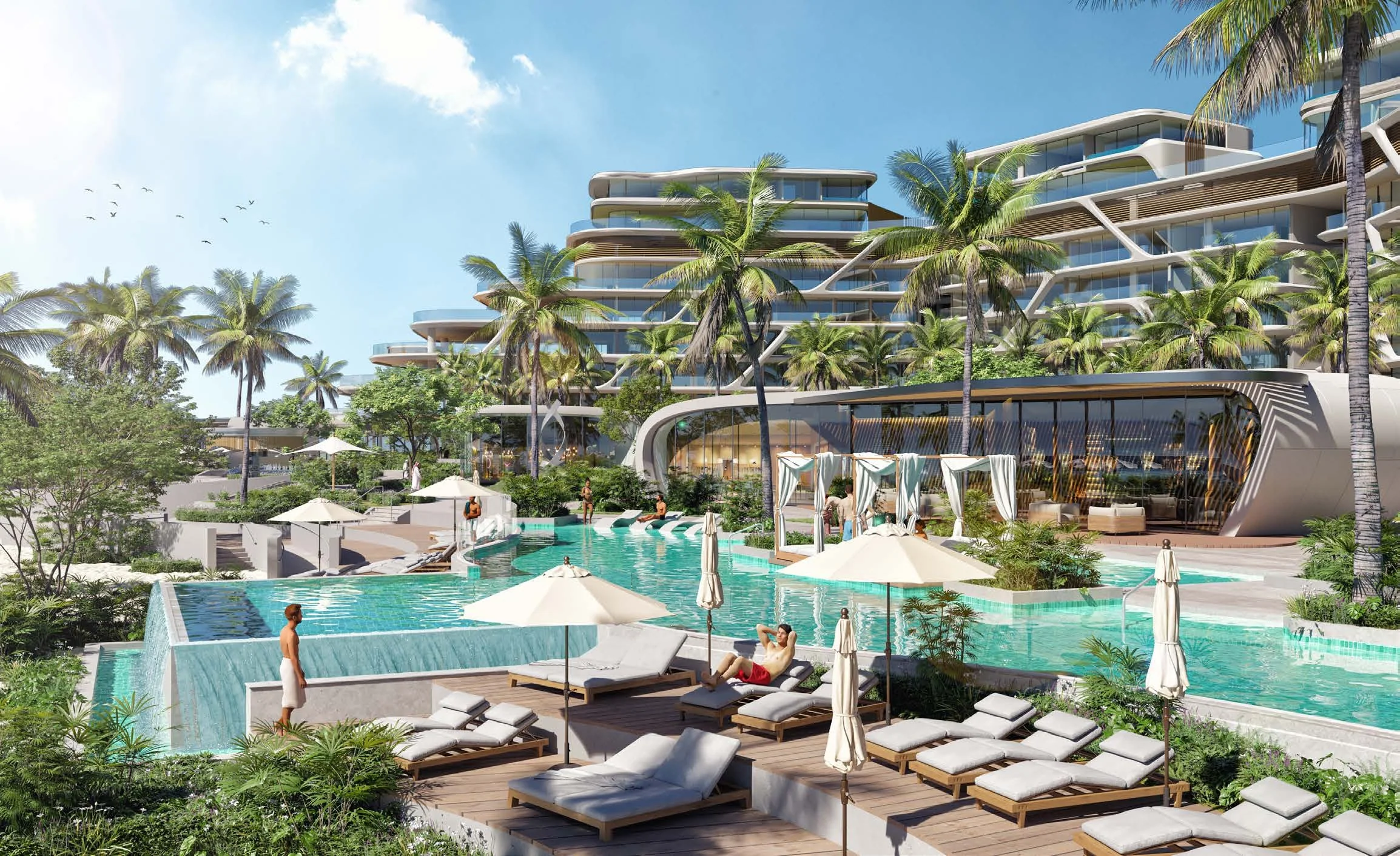 The terraced crescent seen from the pool deck, each floor stepping back above the one below