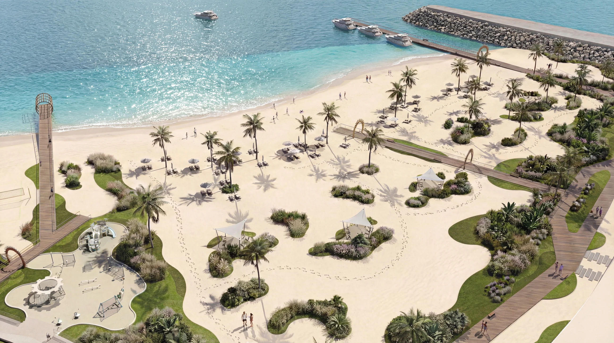 The beach, planted dunes and swimming lagoon held by the breakwaters