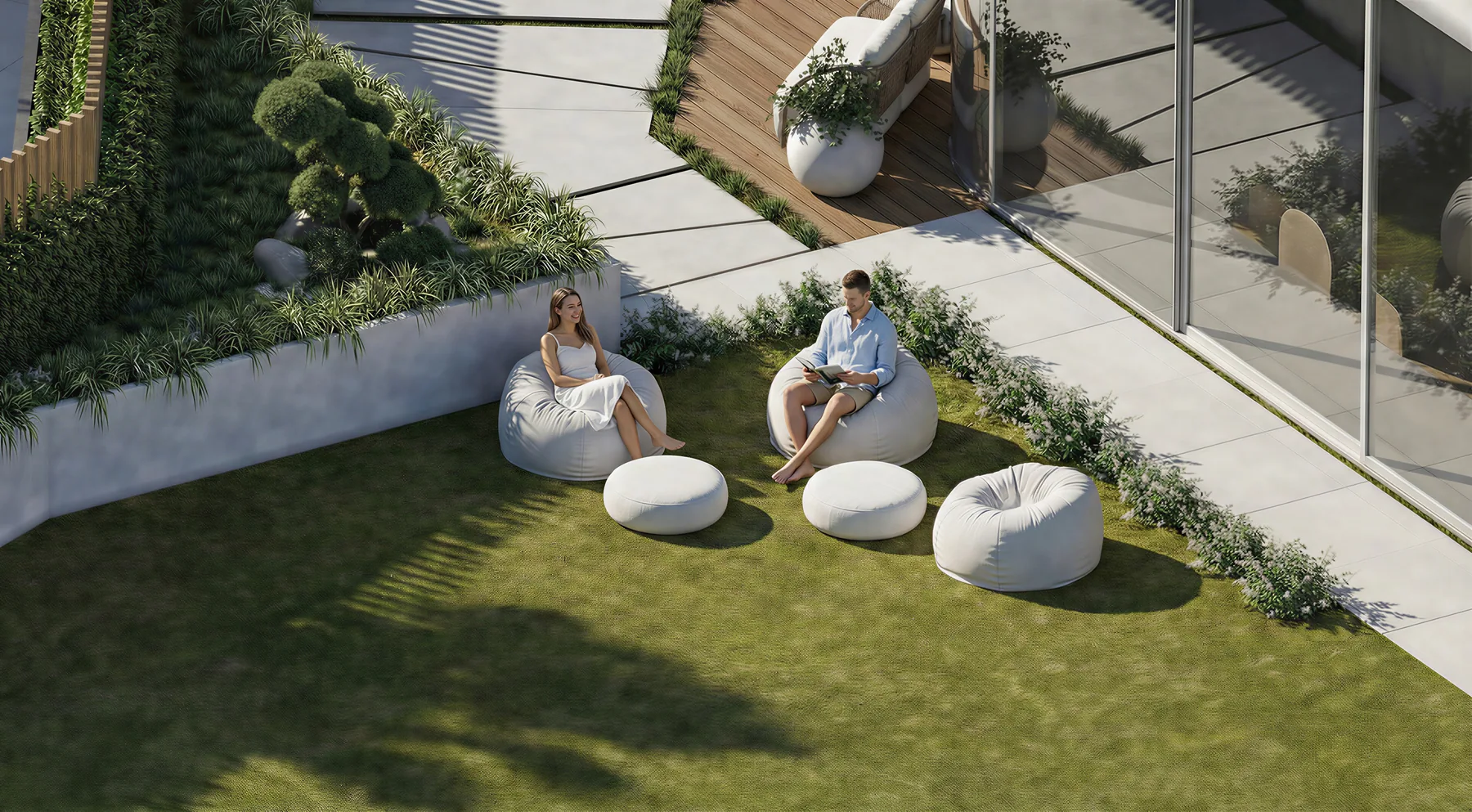 A planted terrace lawn set against full-height glazing