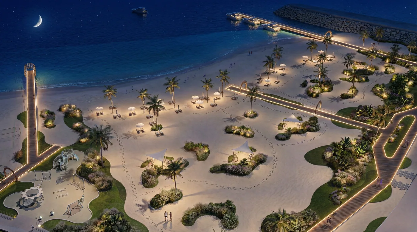 The beach and lagoon at night