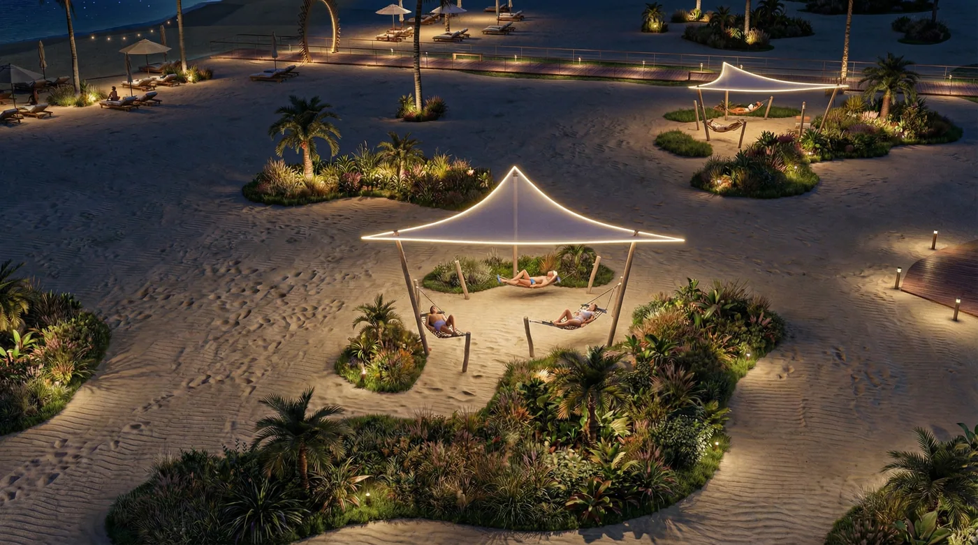 Cabanas and planting lit among the dunes