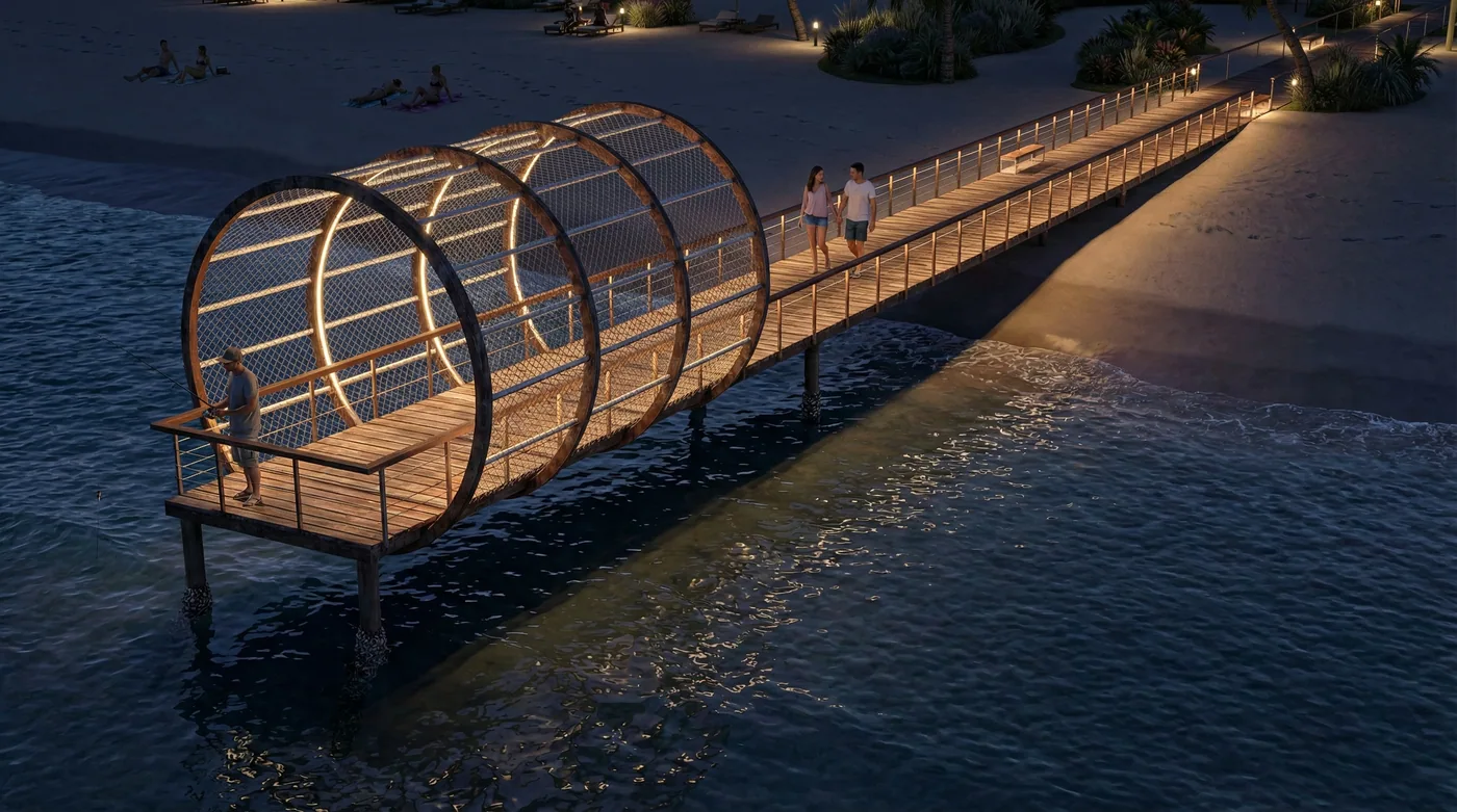 The jetty pavilion lit at night