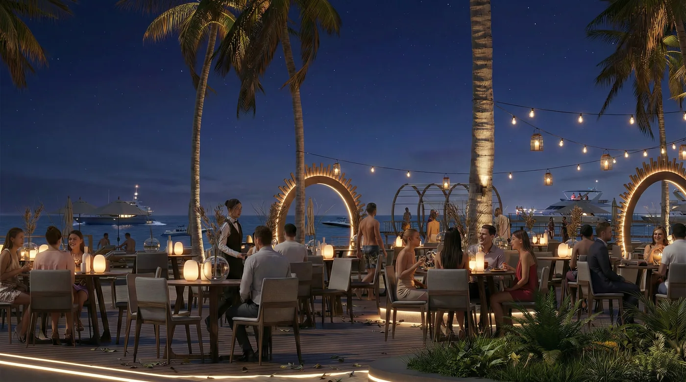 The beach restaurant lit at night