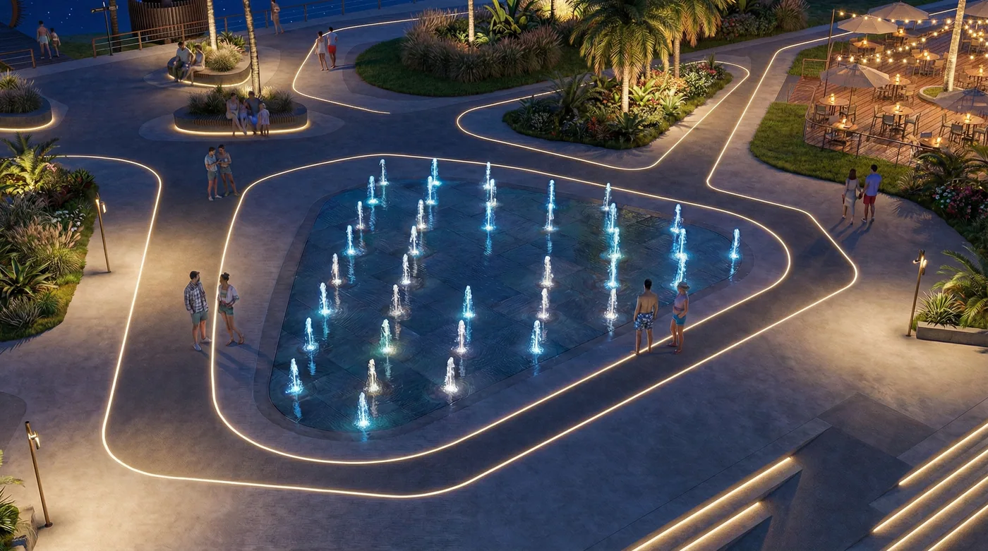 The splash fountain lit after dark