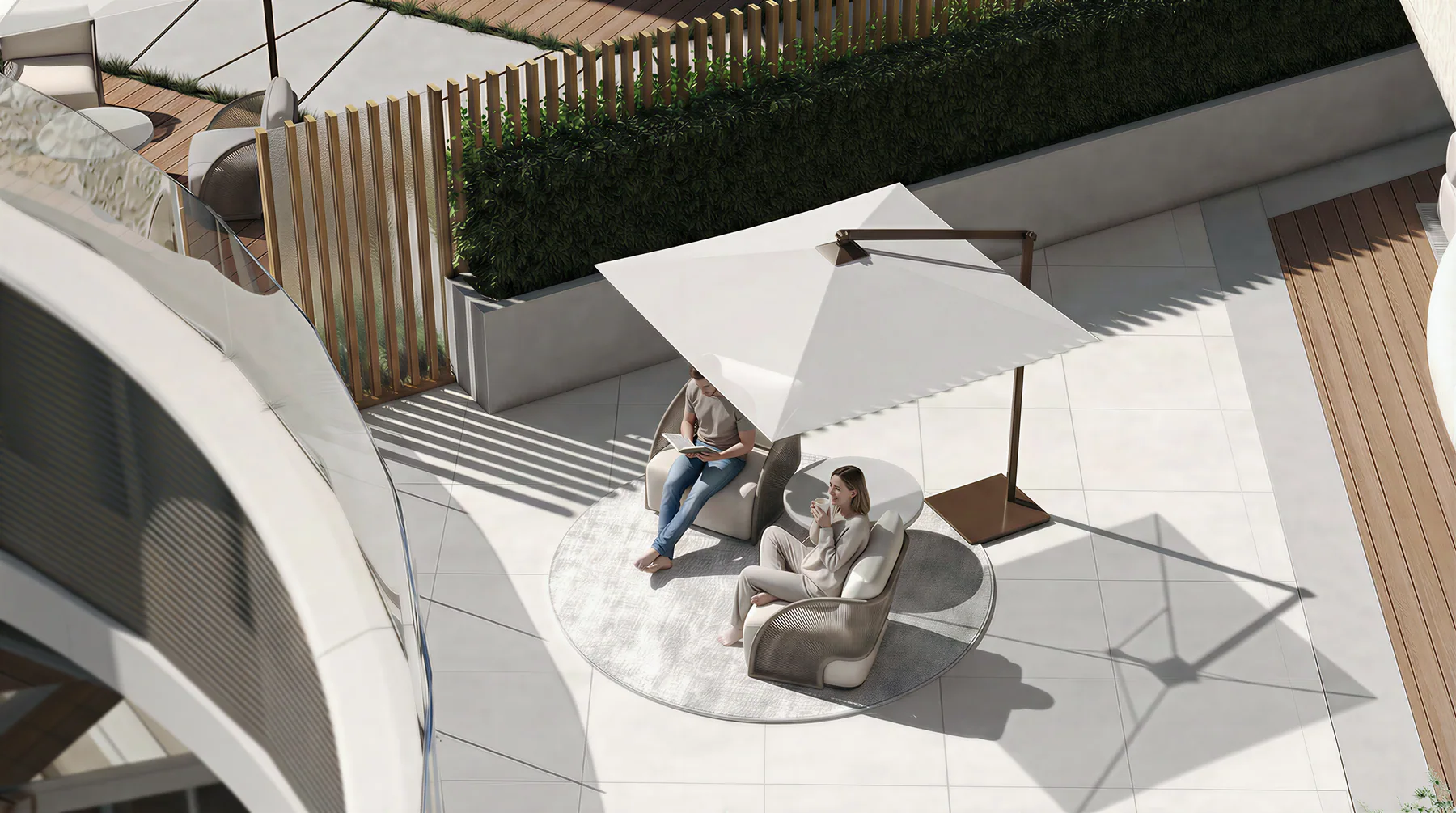Shaded seating on the curved white terrace