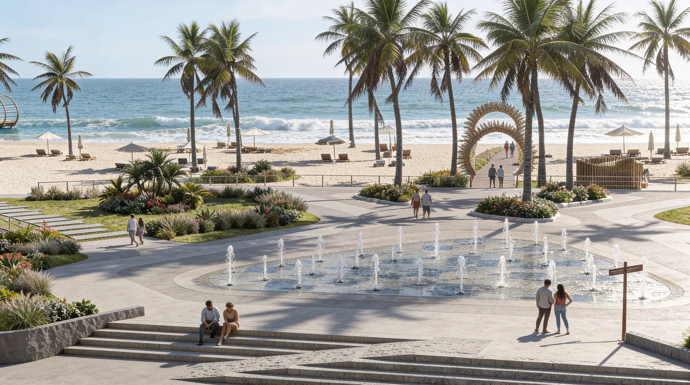 The fountain court at eye level, framed by palms and the arched beach gate