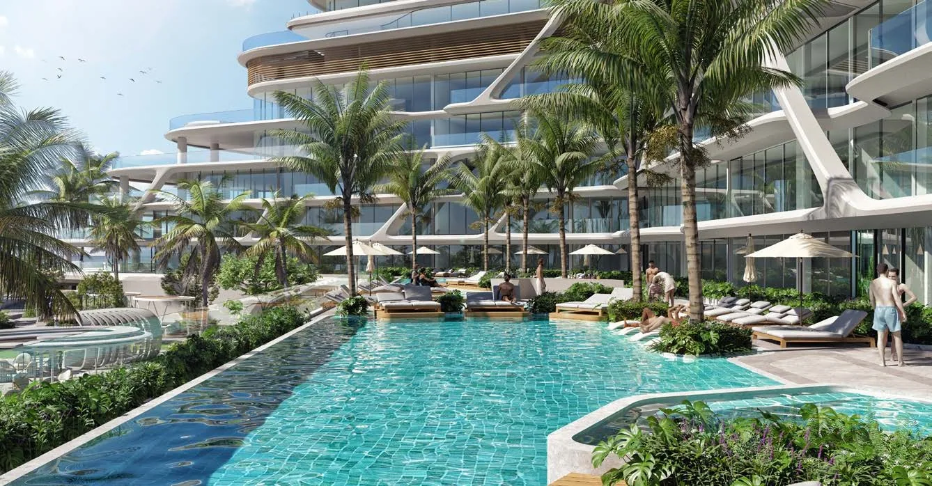 The main pool running the length of the block beneath the terraces