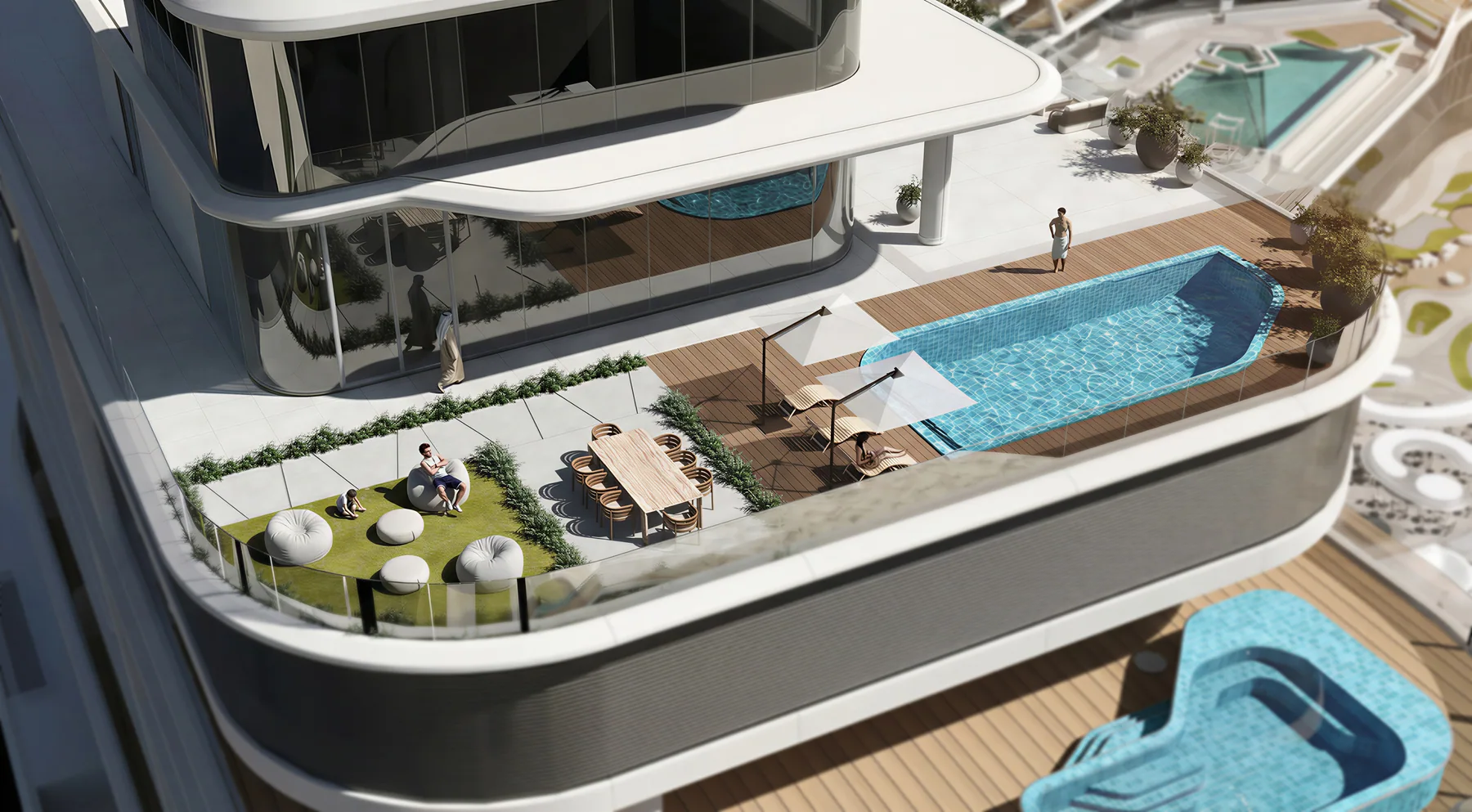 Private terrace pools stepping down the curved facade