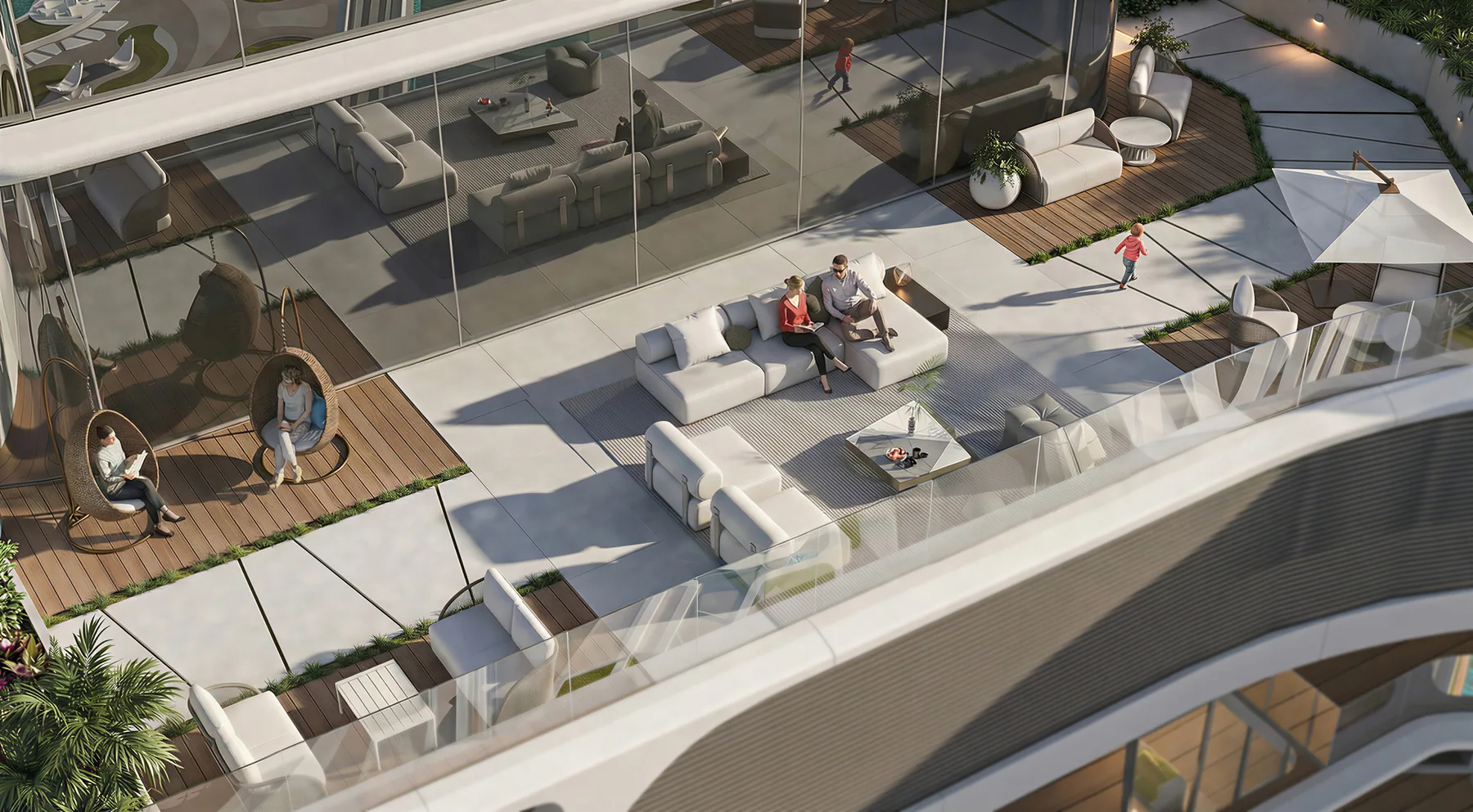 Timber roof deck and shaded seating above the block