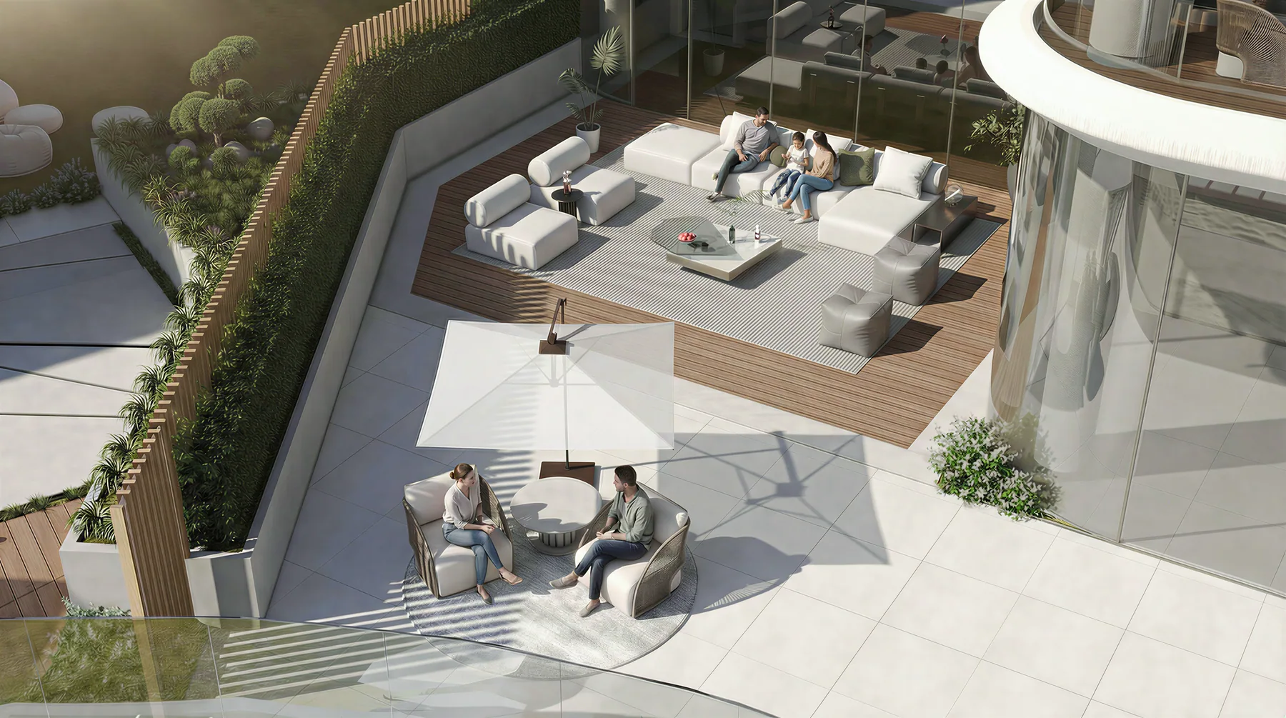 The roof lounge deck against the curved glass of the tower