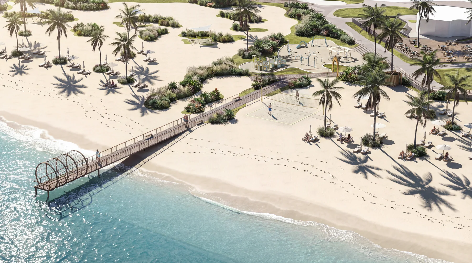 The sculptural jetty extending from the beach past the surf line