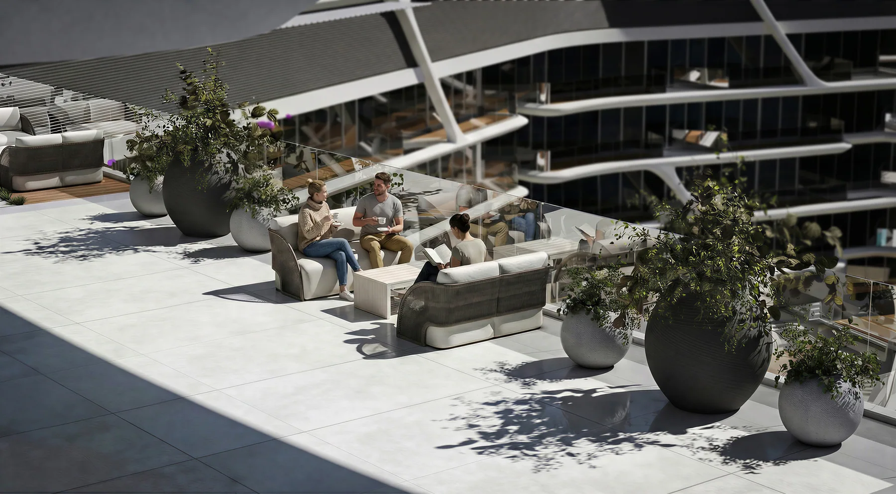 Seating beneath the curved podium soffit, the building cantilevering overhead