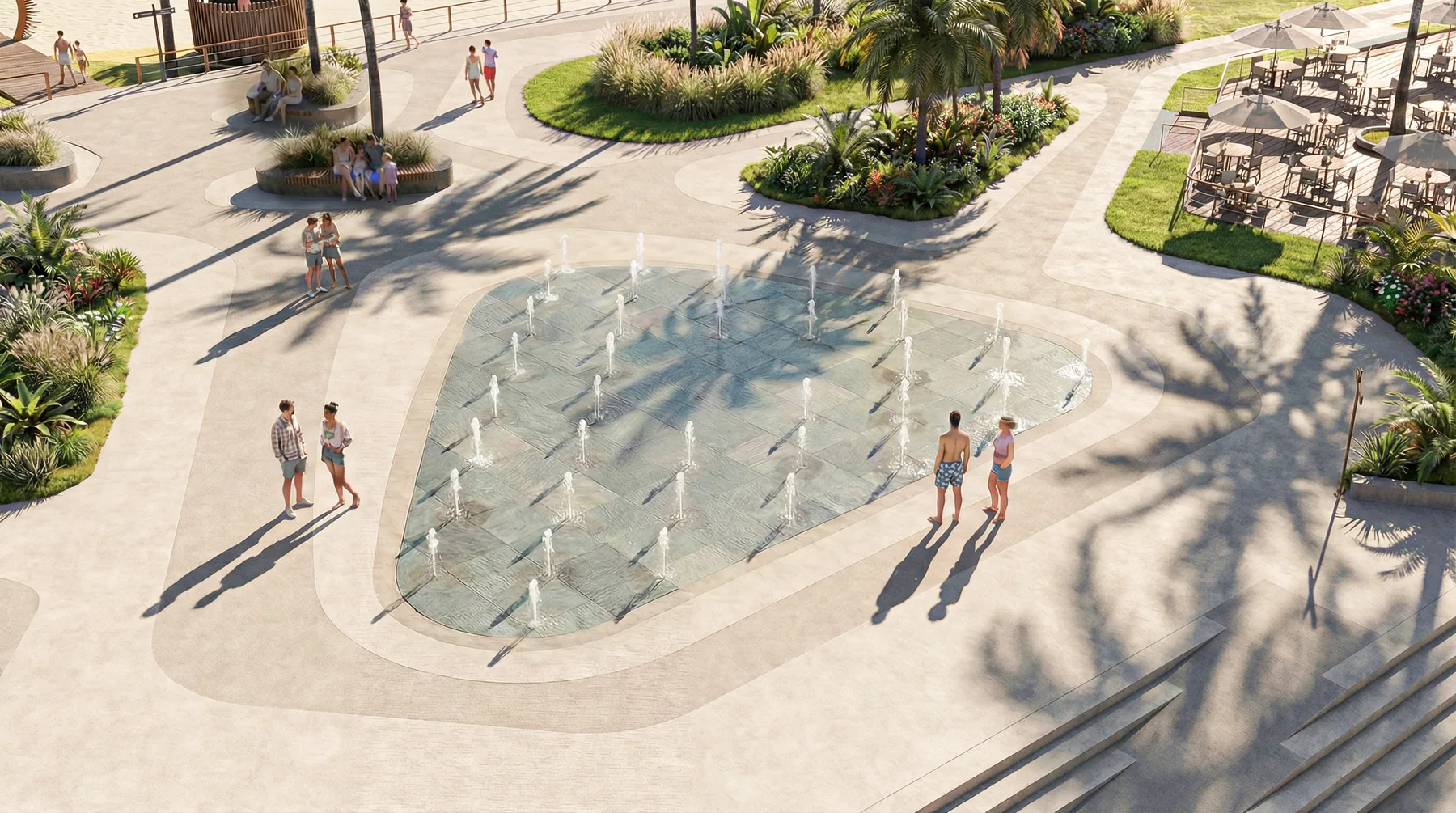 The splash fountain on the podium deck