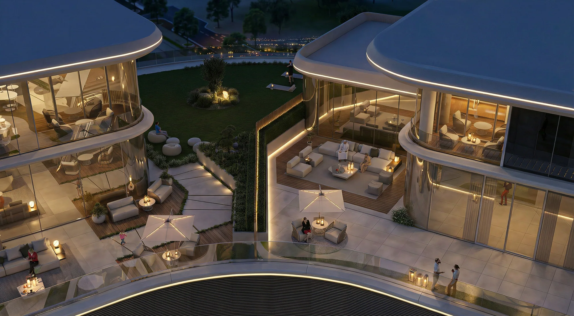 A private terrace at dusk, curved glazing and planting to the edge