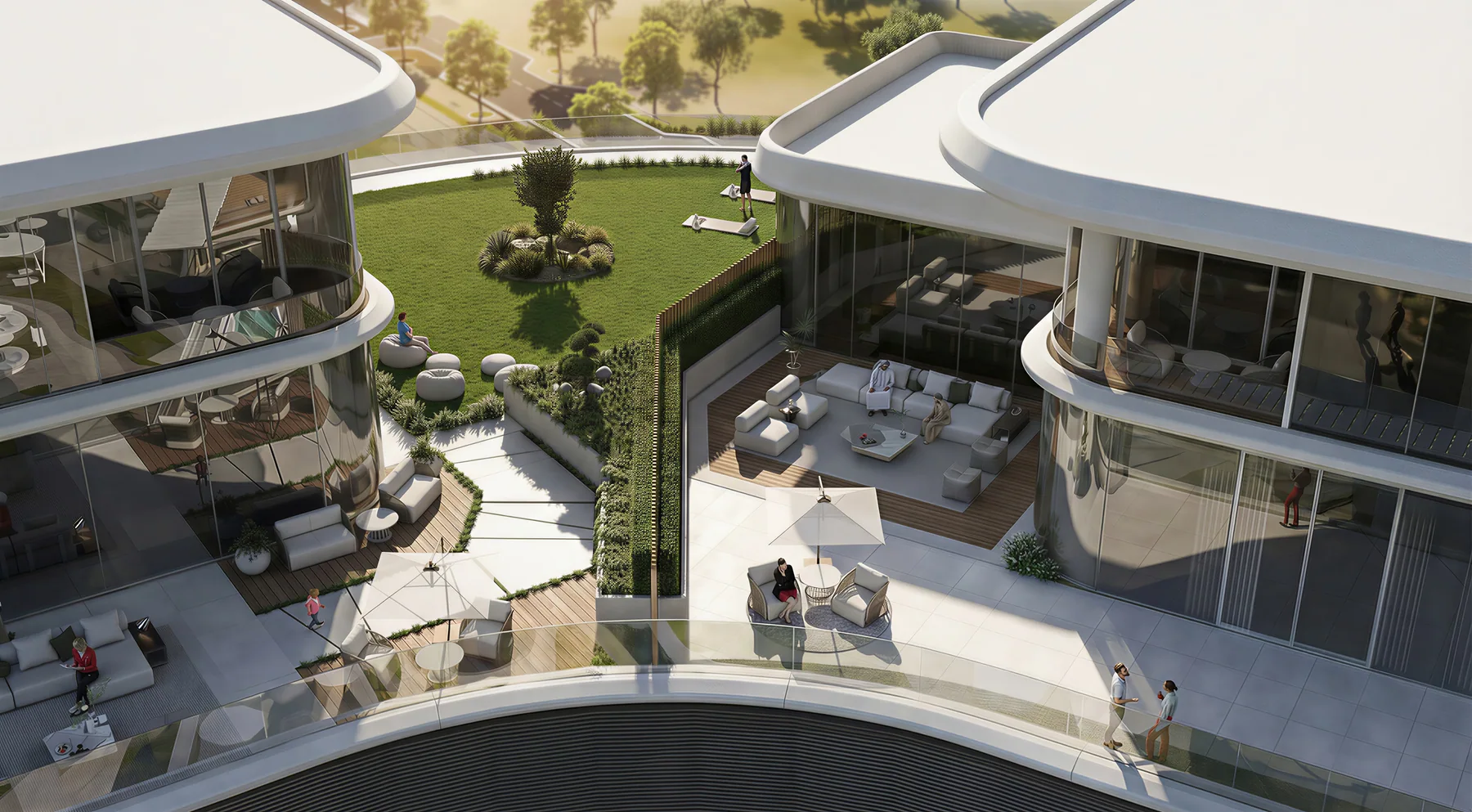 Curved glazing and a planted terrace at the corner of the block