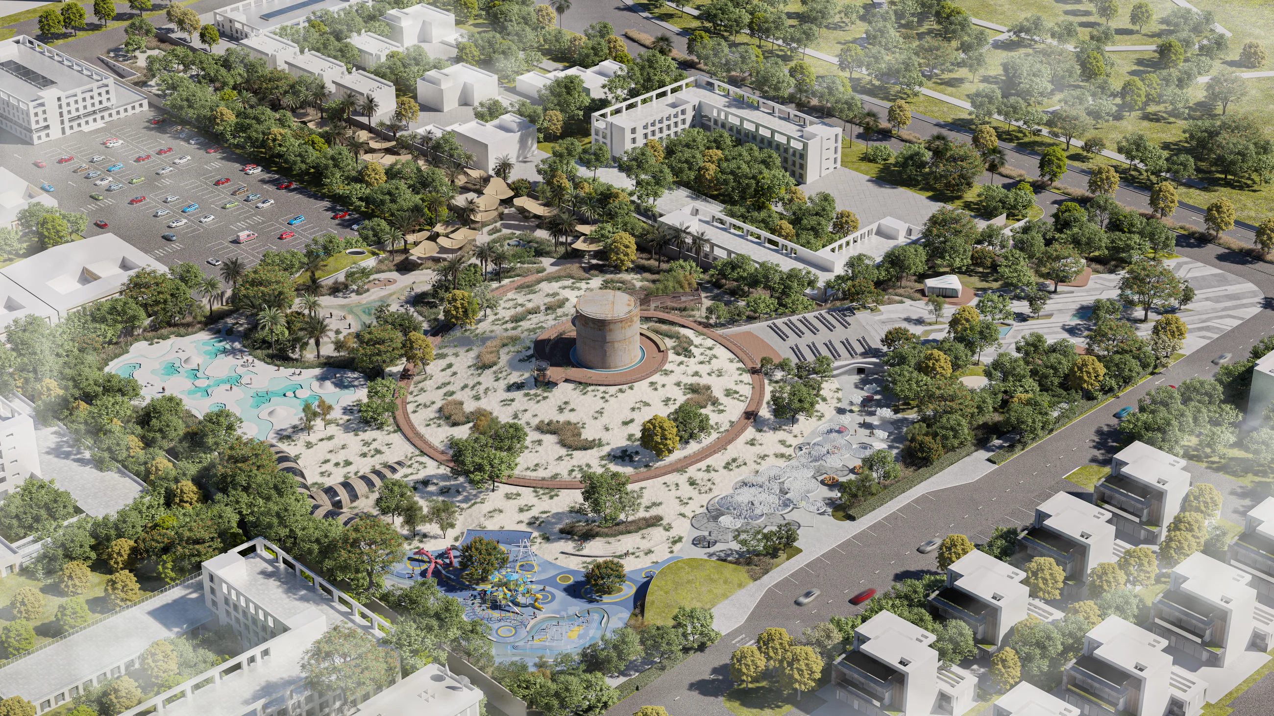 Aerial view of the park with the water tower at its centre
