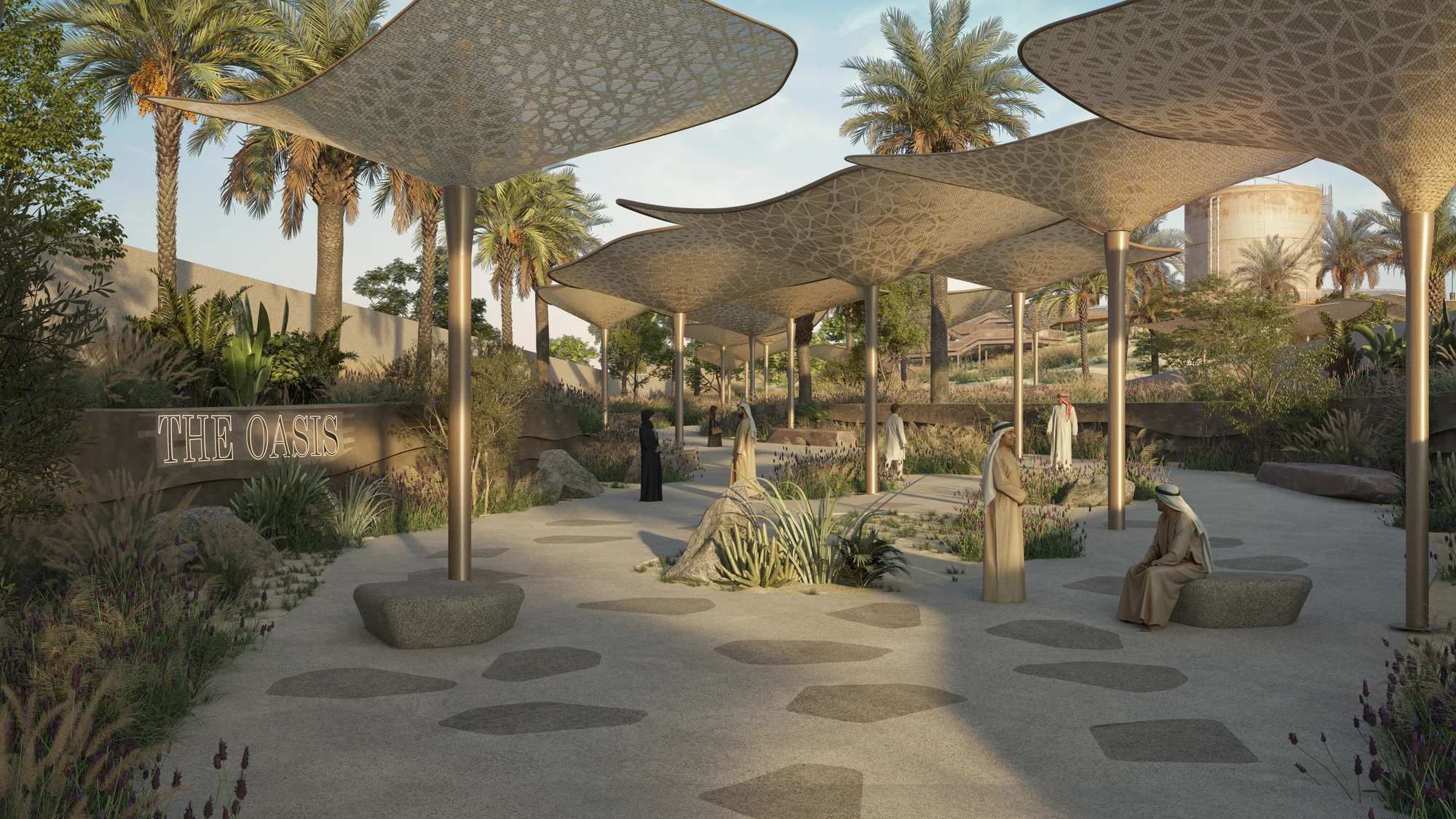 The entrance court under the perforated shade canopies