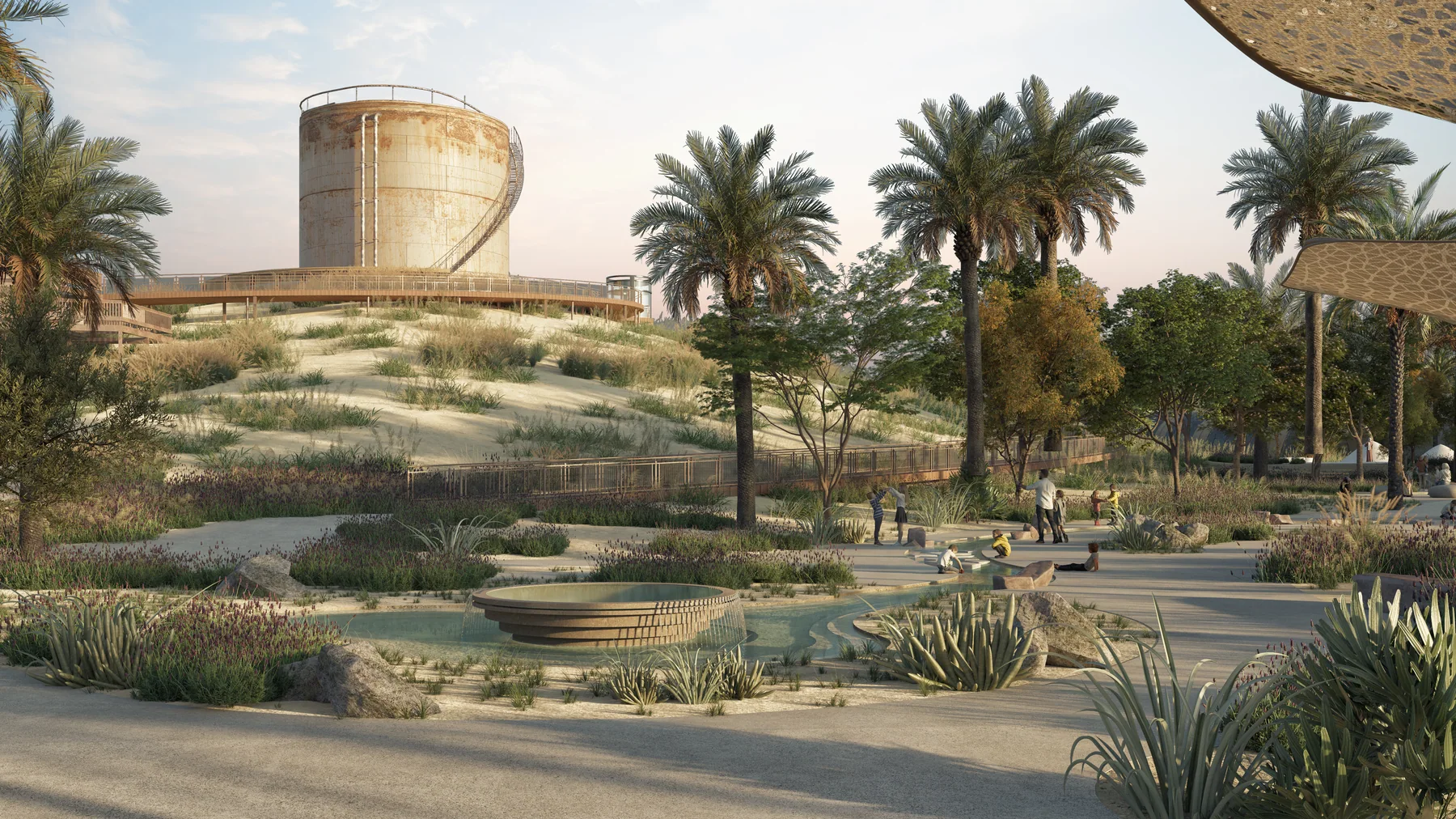 The tower on its planted mound above the desert garden