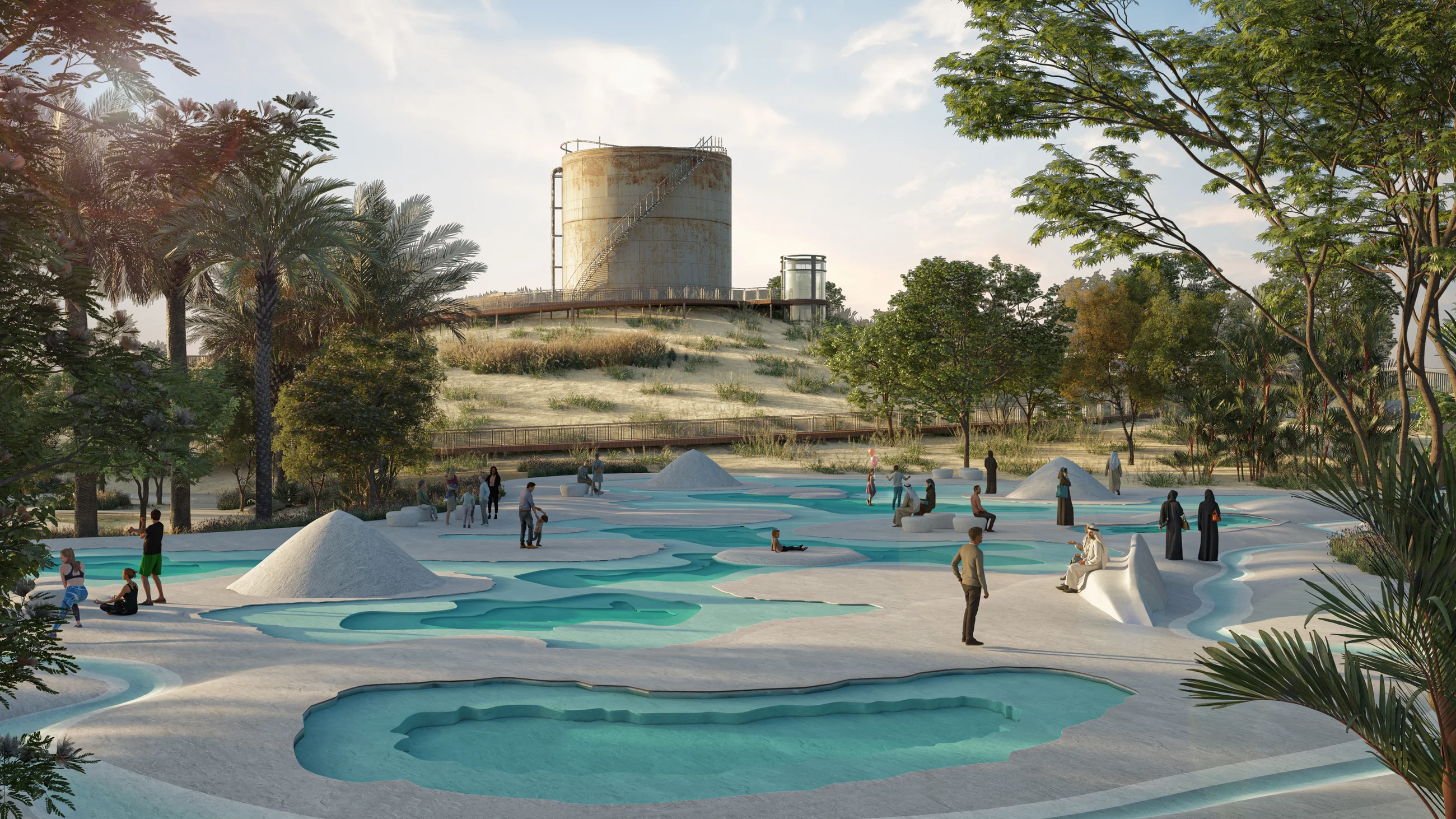 Shallow pools and terraced water basins across the park