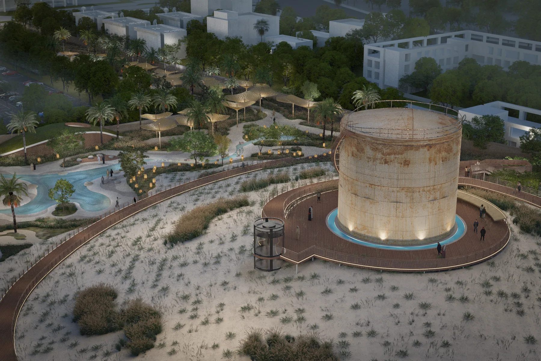 The concrete tank at close range above its circular plaza