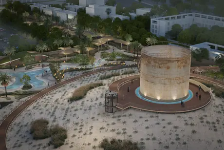 The tower tank illuminated at close range