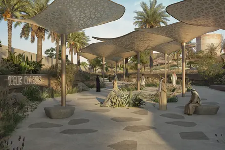 Main entrance with shade canopies