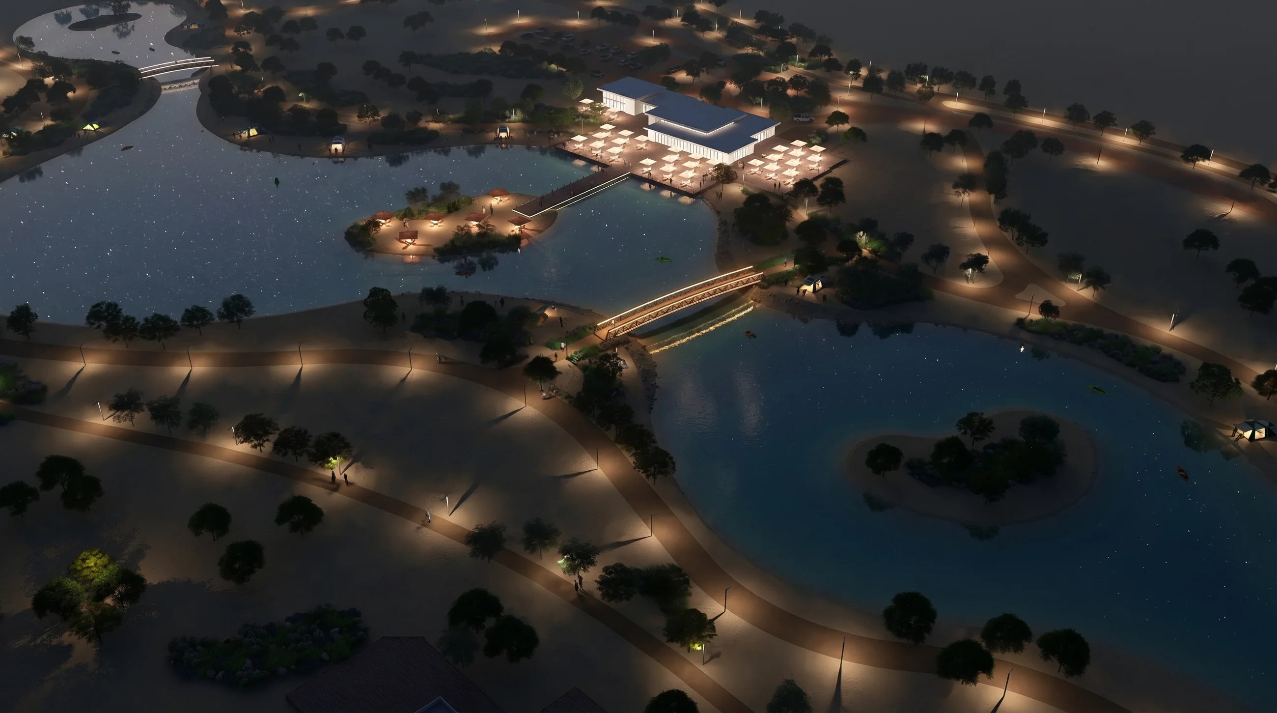 Aerial view of the lake at night