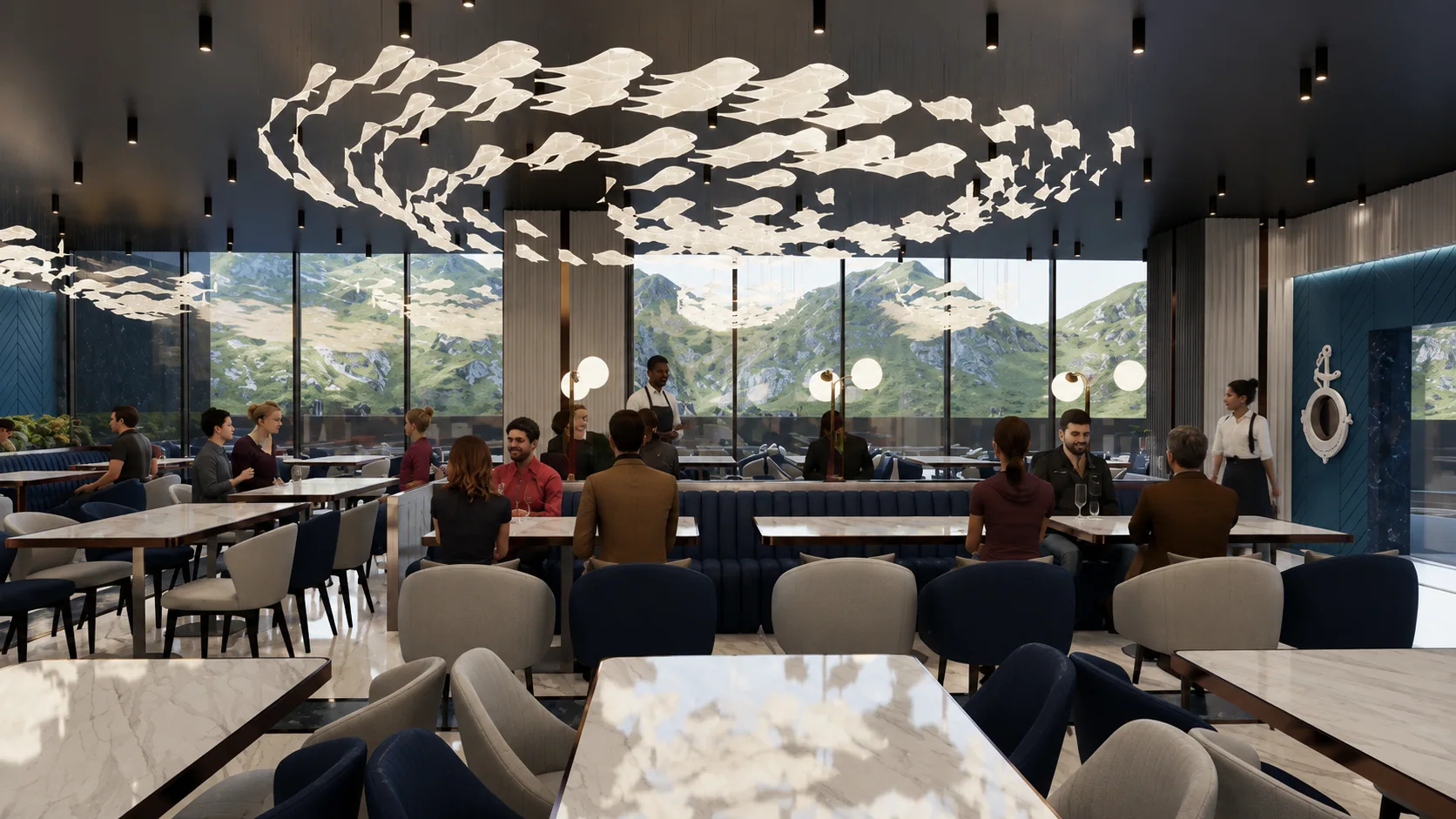 The dining hall toward the view